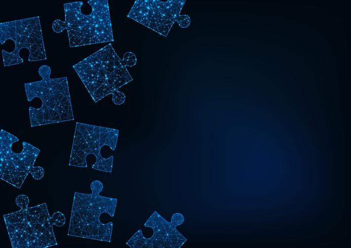 Futuristische gloed lage poly puzzel stukjes abstracte achtergrond met ruimte voor tekst op donkerblauw. vector