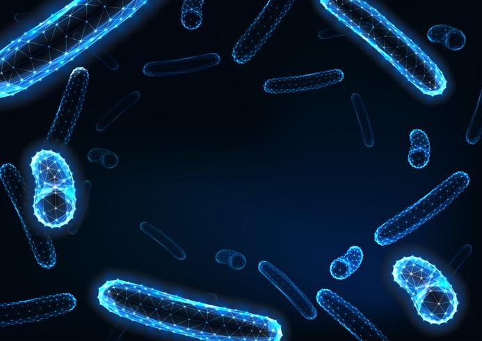 Futuristische lage veelhoekige bacteriën bacilli achtergrond met ruimte voor tekst op donkerblauw. vector