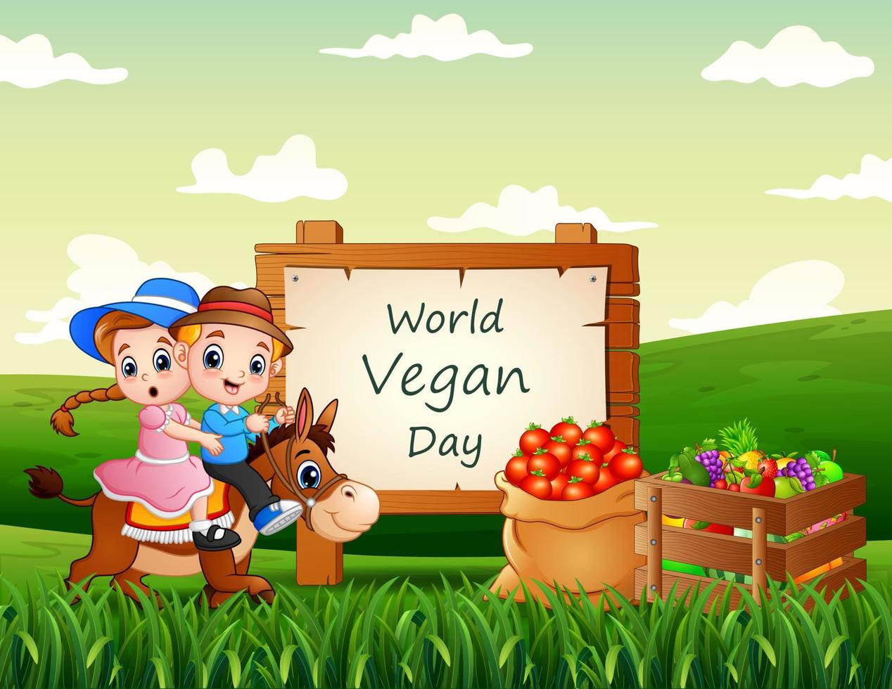 happy world vegan day met boerderijproducten en kinderen die op een paard rijden vector