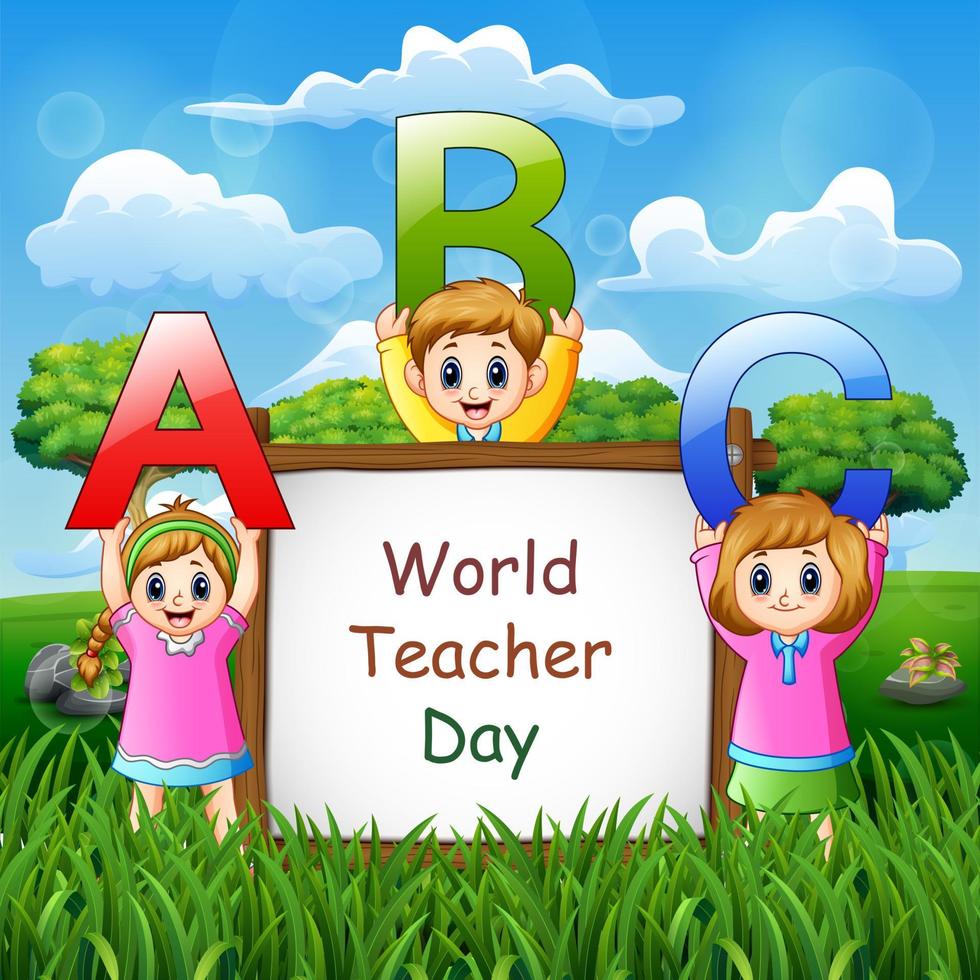 gelukkige wereldlerarendag op bord met kinderen met abc letter vector