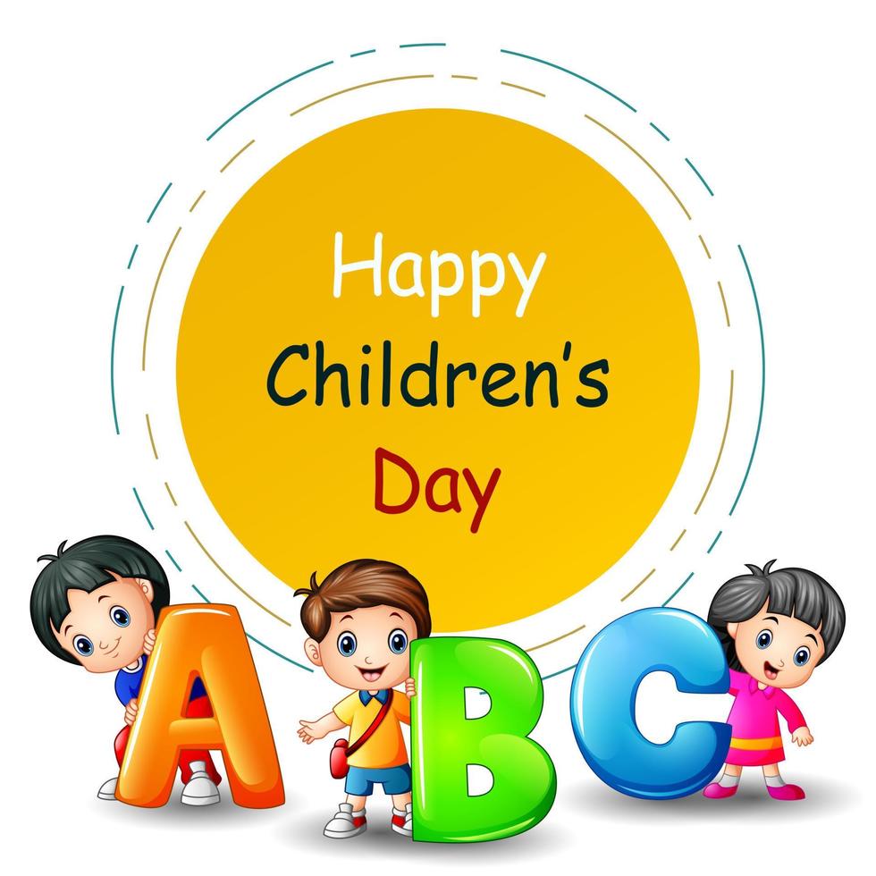 gelukkige kinderdag met kinderen met abc letter vector