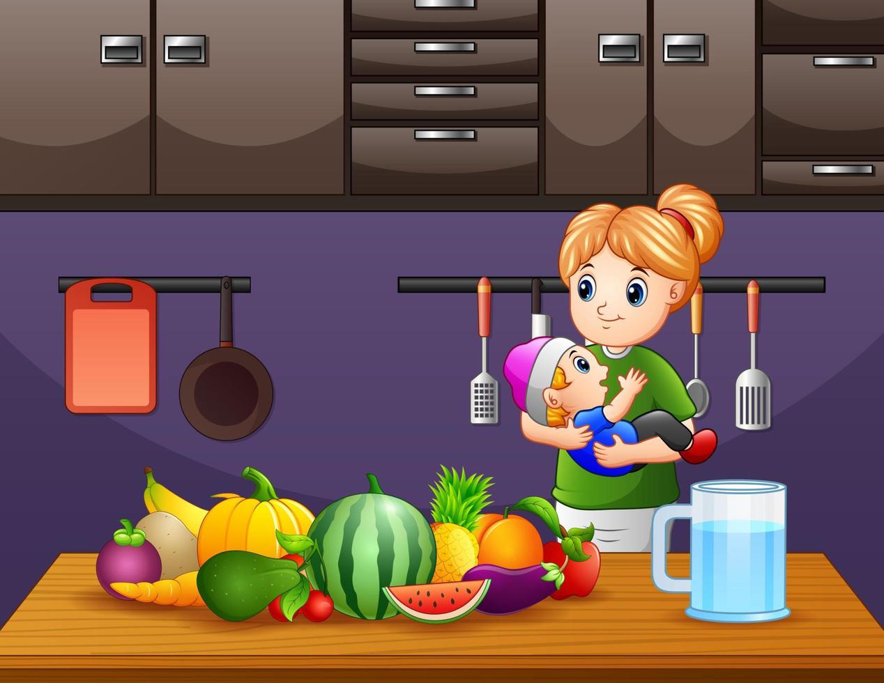 illustratie van moeder en zoon in de keuken vector