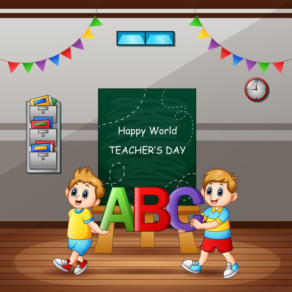 gelukkige lerarendag met student met abc-letter vector
