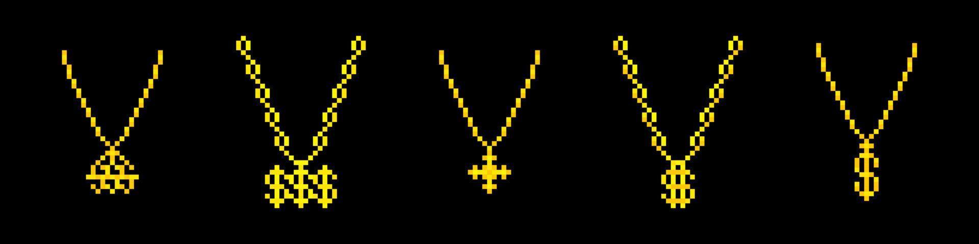 rapper pixel gouden kettingen collectie. luxe rijke ketting met dollarsymbool voor game party culturele hiphop met dure vectorschat vector