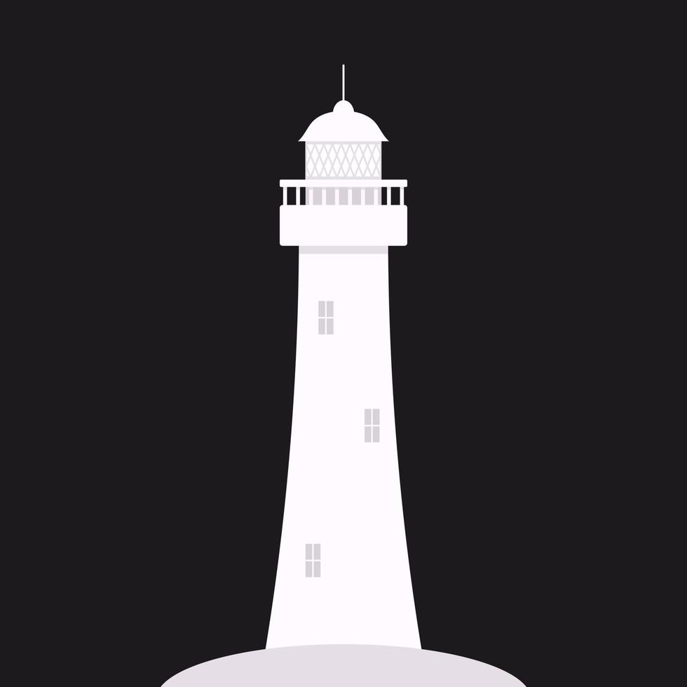 witte vuurtoren op het eiland. veiligheidsstenen toren met schijnwerperkoepel en ramen. kust veilig navigatieoriëntatiepunt voor schepen in vectornacht. vector