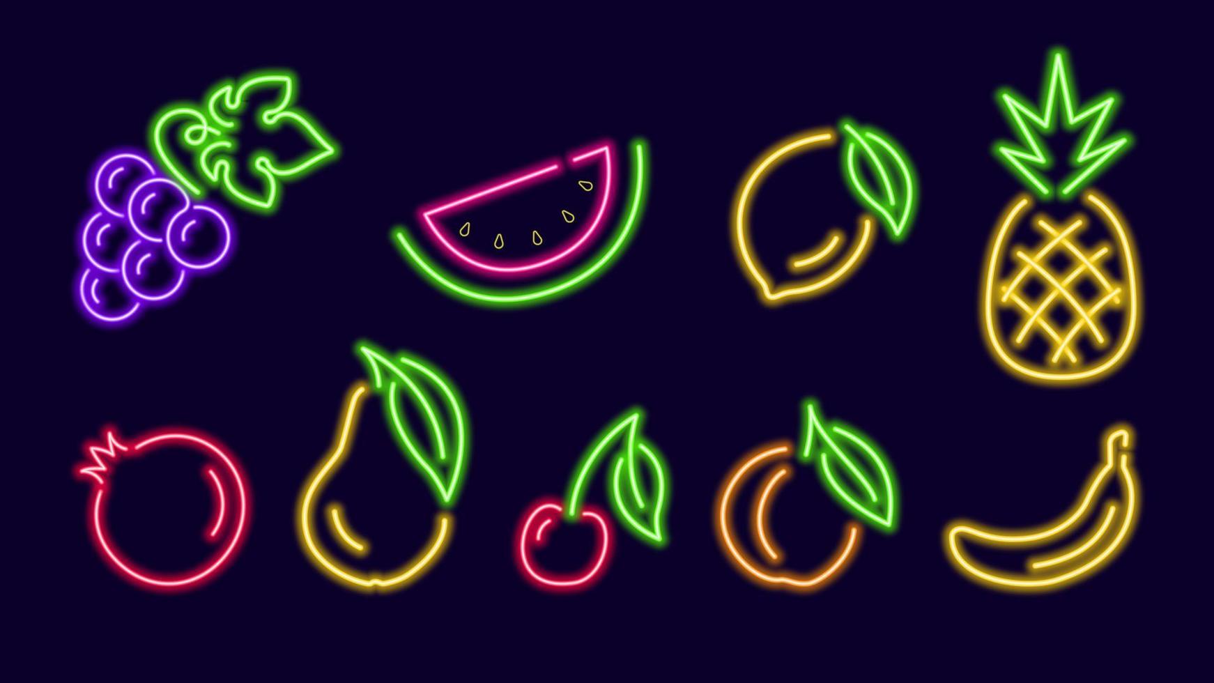 kleurrijke neon gloeiende vruchten één regel. plakje watermeloen met rode granaatappel en takje kersen. gele banaan met tros blauwe druiven. digitaal ontwerp voor nachtleven vector signage