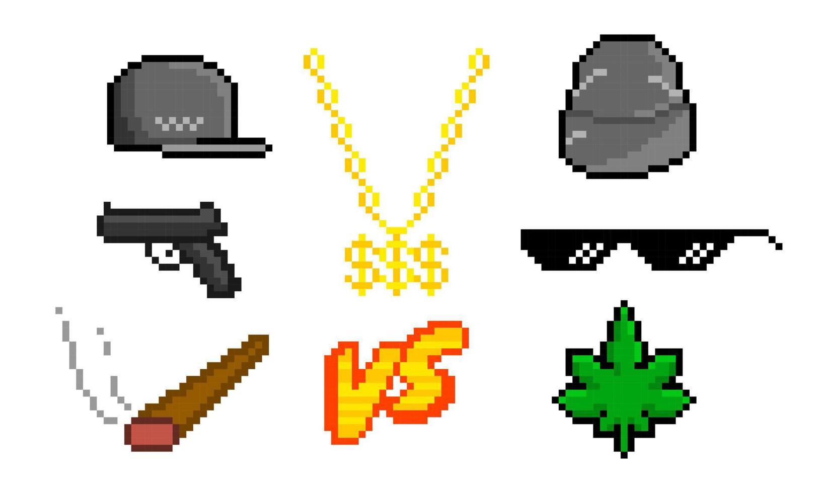 coole pixeldingen van rapper. hiphop baseball caps met gouden kettingen met dollarteken en pistool. modieuze zonnebrillen en rokende stijlen vc rap battle symbool zwarte vector kunst.