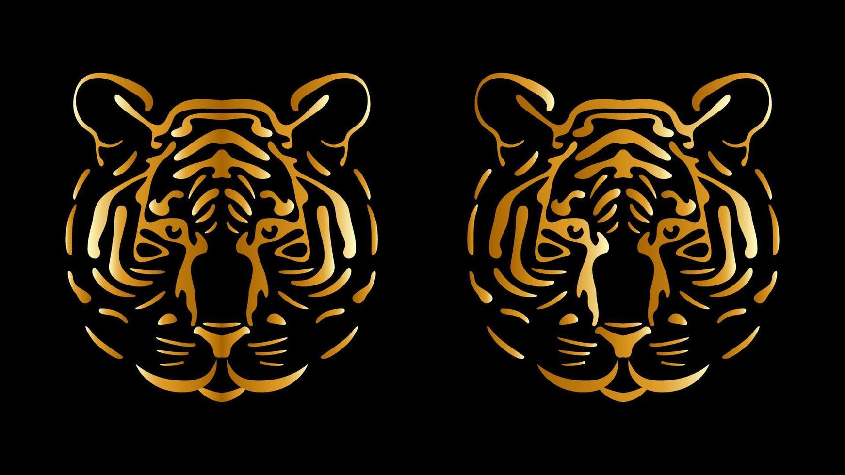 gouden tijger hoofd logo. kleurrijk embleem silhouet van roofzuchtige enorme peinzende kat. symbool van gevaarlijke kracht en beestachtige kracht in luxe vectorgravure. vector