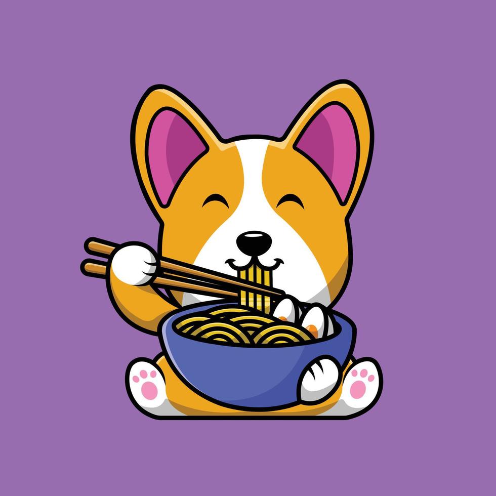 schattige corgi hond eet ramen noodle cartoon vector pictogram illustratie. dierlijk voedsel pictogram concept geïsoleerde premium vector. platte cartoonstijl