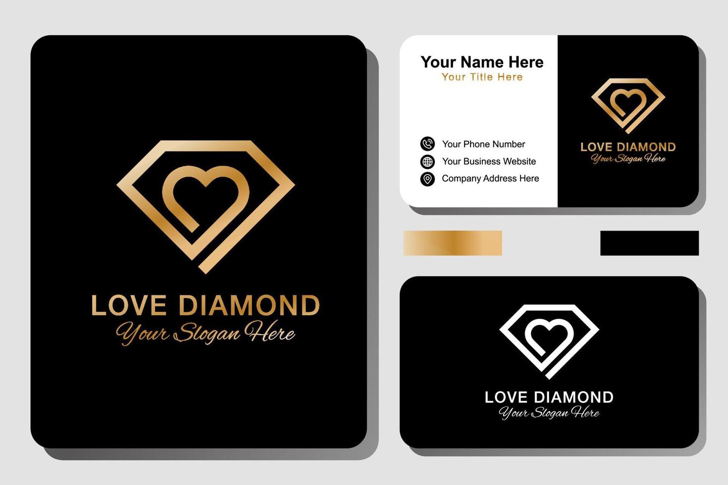 modern luxe diamanten liefdeslogo. gouden sieraden bedrijfslogo met visitekaartje ontwerp vector