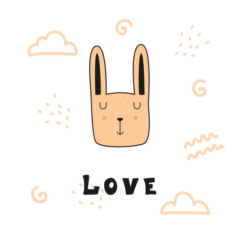 schattige snuit van een konijn en de inscriptie liefde. kawaii doodle illustratie vector