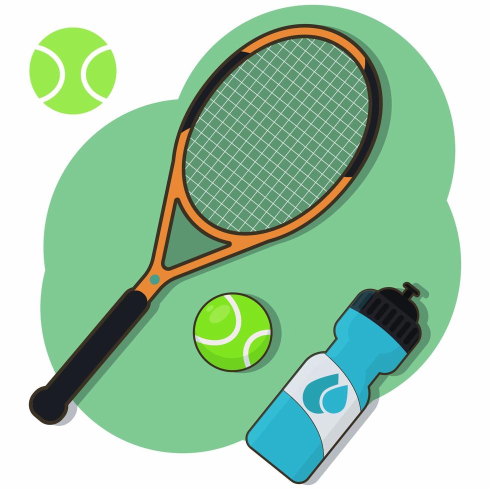 tennisrackets, groene ballen en sportflessen vectorillustratie vector