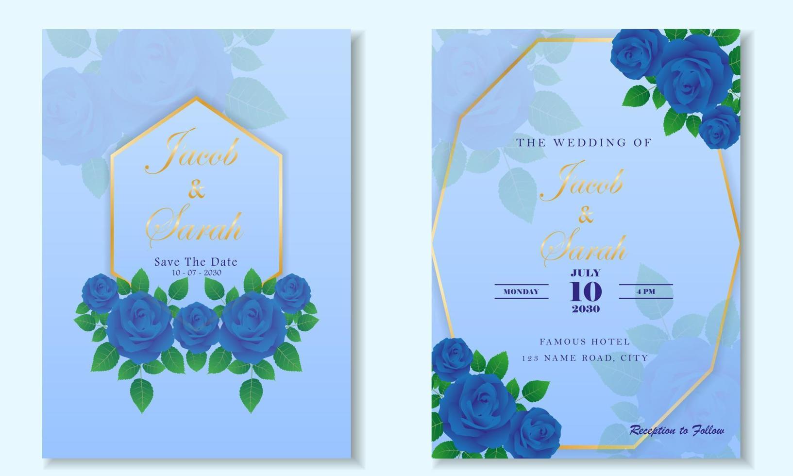 blauwe bruiloft kaartsjabloon met blauwe roos bloemen frame door vector design