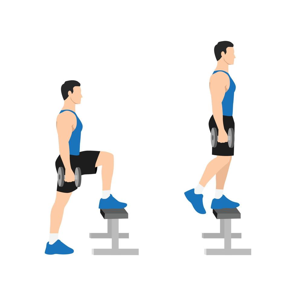 Gepensioneerde handel monteren man doet dumbbell step-ups oefening. platte vectorillustratie geïsoleerd op  een witte achtergrond 6417647 Vectorkunst bij Vecteezy