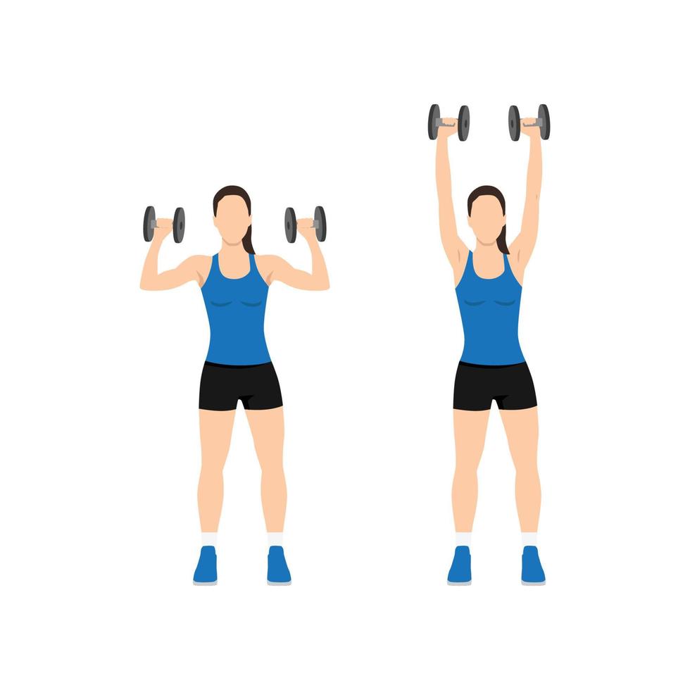 vrouw doet dumbbell overhead schouderpers oefening. platte vectorillustratie geïsoleerd op een witte achtergrond vector