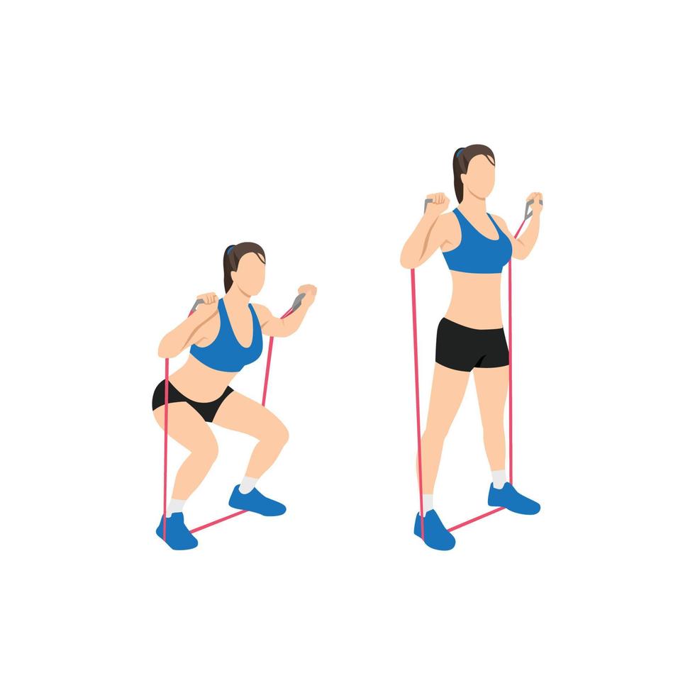 vrouw doet weerstandsband squat oefening. platte vectorillustratie geïsoleerd op een witte achtergrond vector