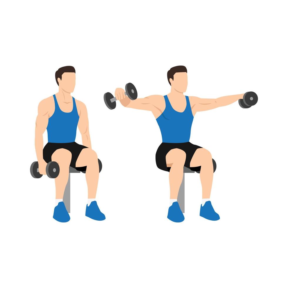 man doet zittende dumbbell laterale verhogingen. macht partiële oefening. platte vectorillustratie geïsoleerd op een witte achtergrond vector