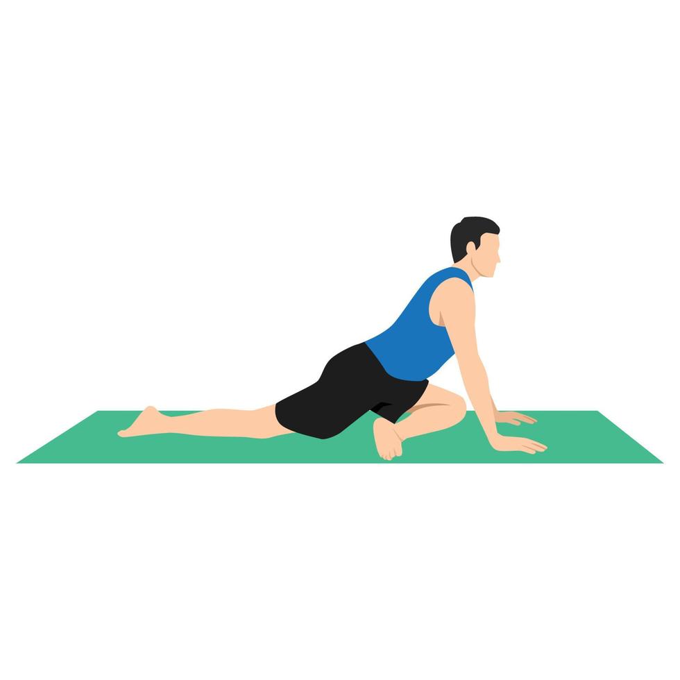 yoga man in ardha kapotasana of halve duif pose. mannelijke stripfiguur die hatha yoga beoefent. man die oefening demonstreert tijdens gymnastiektraining. platte vectorillustratie. vector