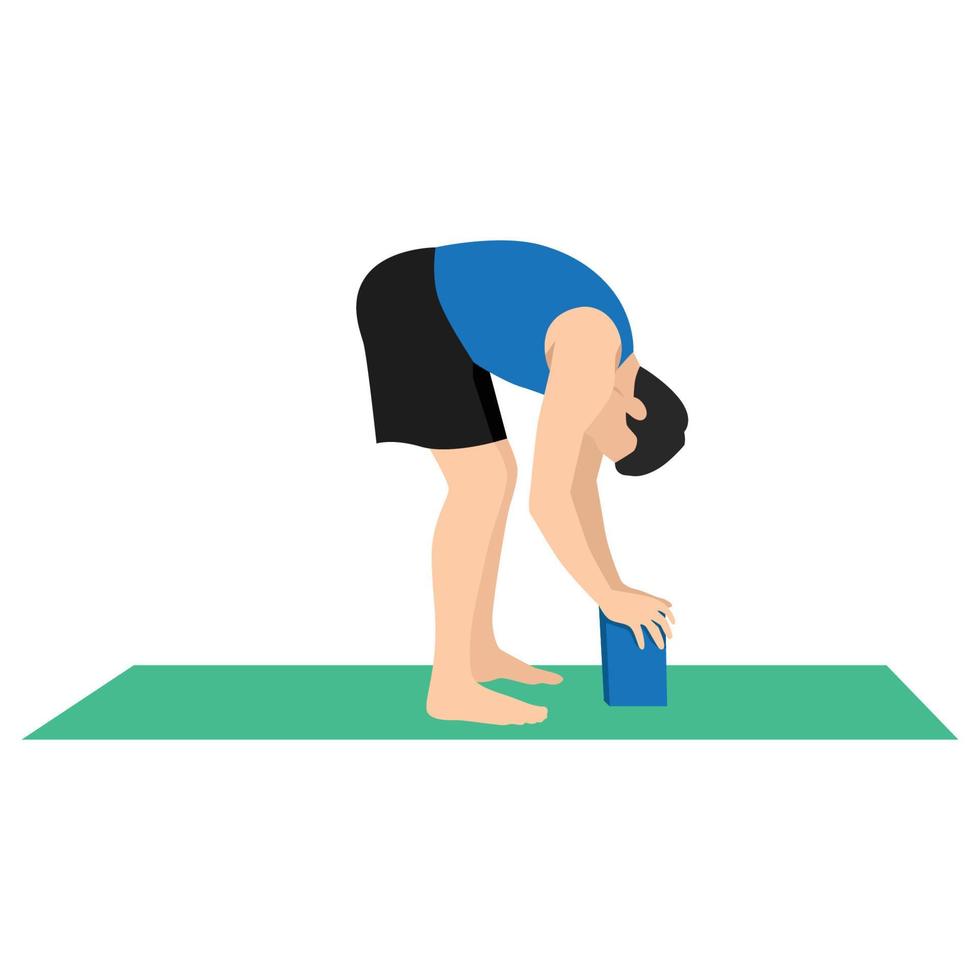 man doet uttanasana of staande voorwaartse vouw yoga pose, vectorillustratie in trendy stijl vector