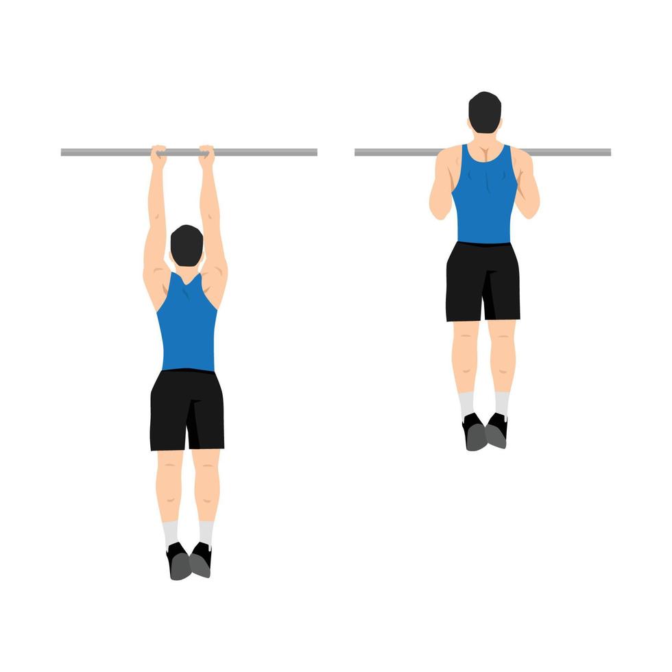 man doet chin-ups training. fitness en bodybuilding oefening in de sportschool. gezonde en actieve levensstijl. geïsoleerde vectorillustratie in cartoon-stijl vector