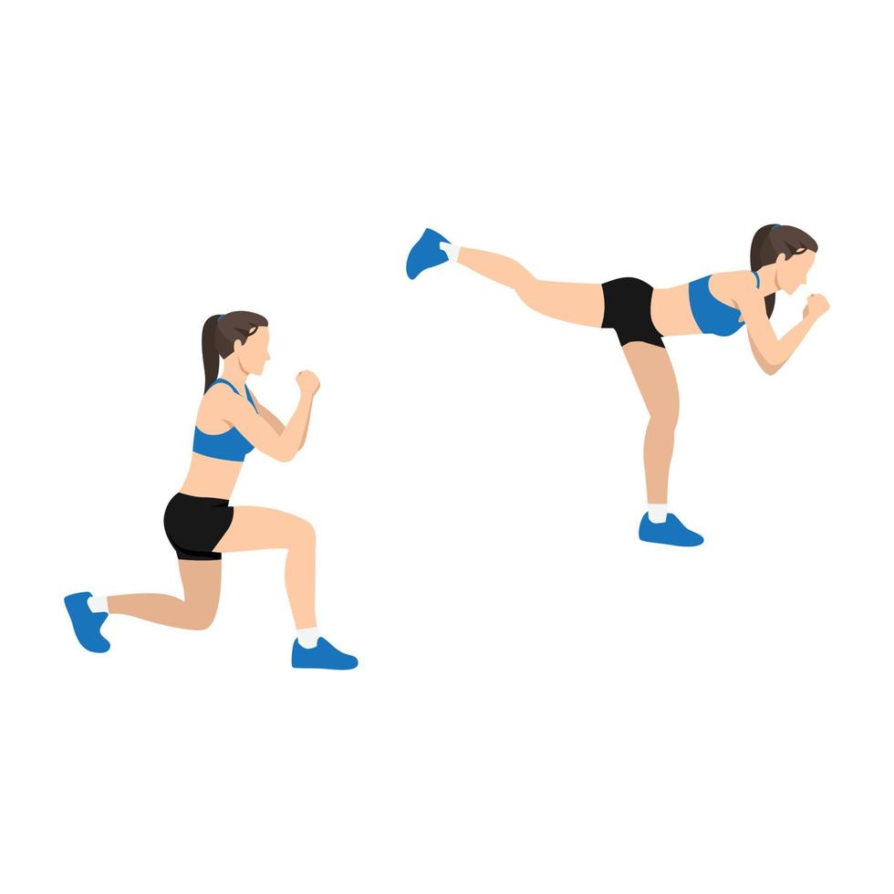 vrouw doet lunge back kick oefening. platte vectorillustratie geïsoleerd op een witte achtergrond vector