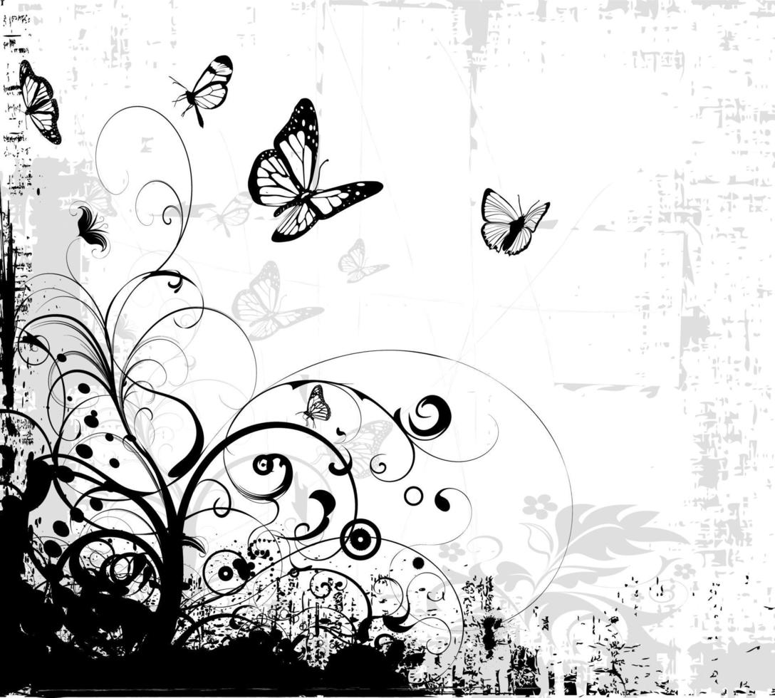 zwart-wit wervelende grunge bloemenachtergrond met vlinders vector