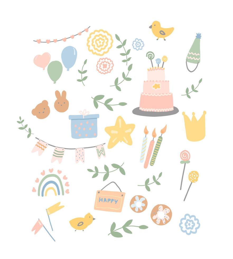 verjaardag instellen. gekleurde pictogrammen voor verjaardag. vakantie hand getekende illustratie. vector