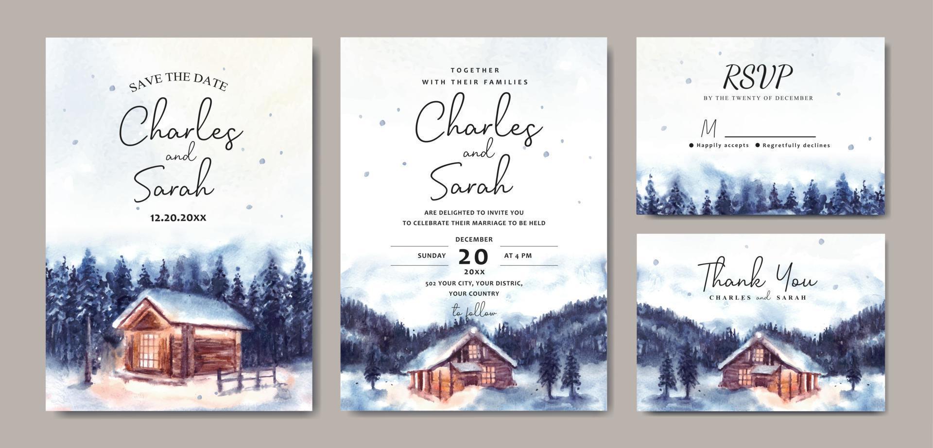huwelijksuitnodiging set van aquarel winterlandschap met huis en pijnbomen vector