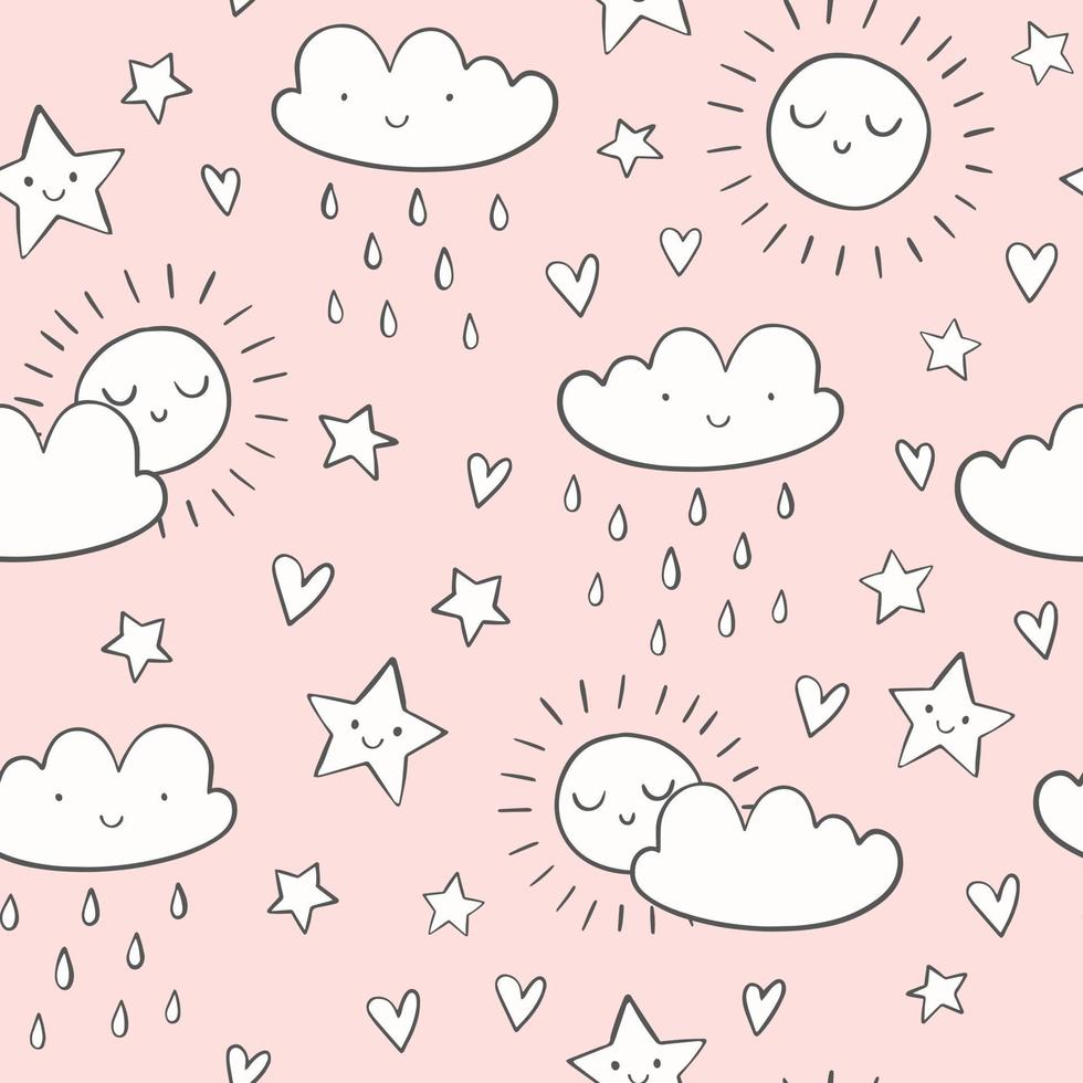 doodle vector naadloze patroon. zon, wolken, regendruppels, sterren. hemelillustratie voor babydouche of kinderdagverblijf.