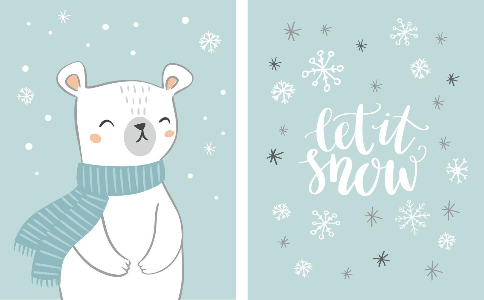 schattige hand getekende ijsbeer kaartenset met handgeschreven tekst laat het sneeuwen op besneeuwde achtergrond. beer karakter met sneeuwvlokken. kerst ontwerp. vector