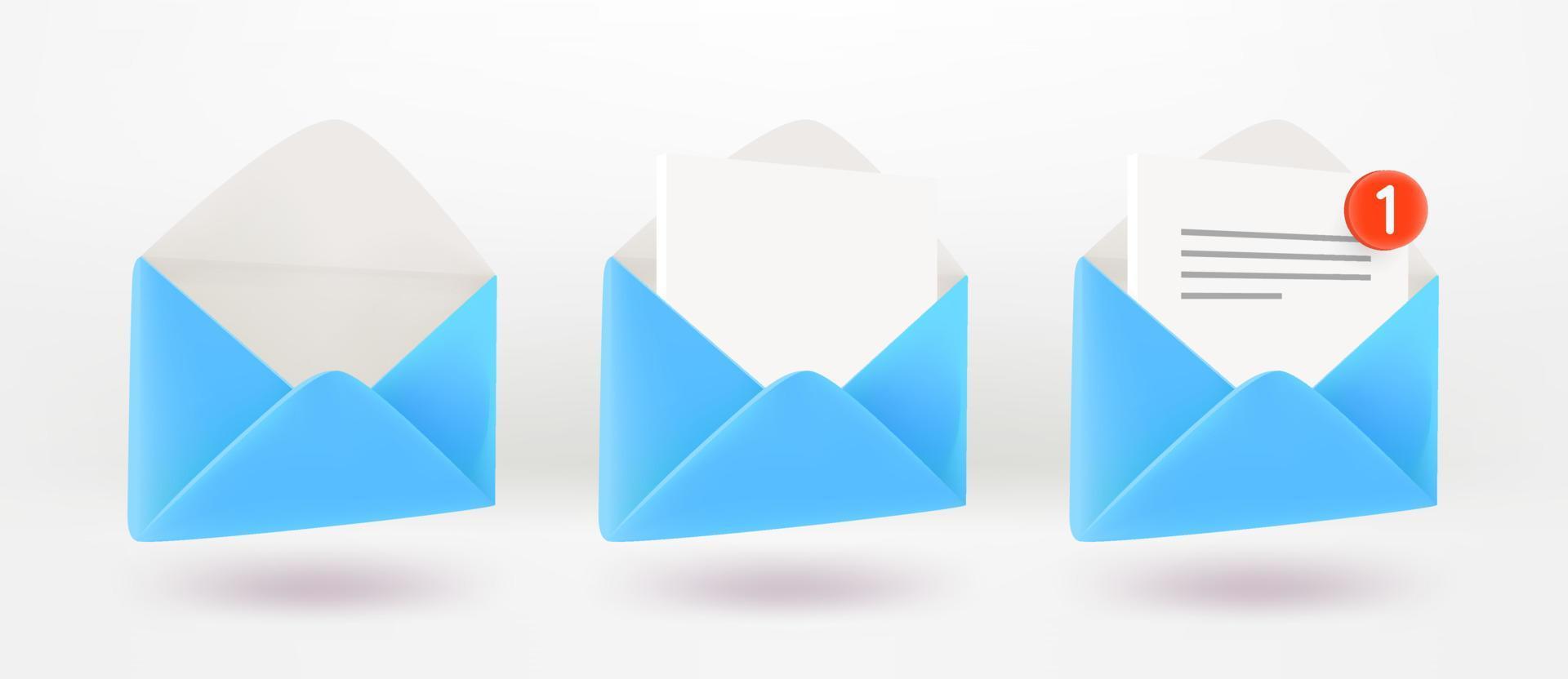 blauw papier geopend enveloppen set geïsoleerd op een witte achtergrond. 3d vectorillustratie vector