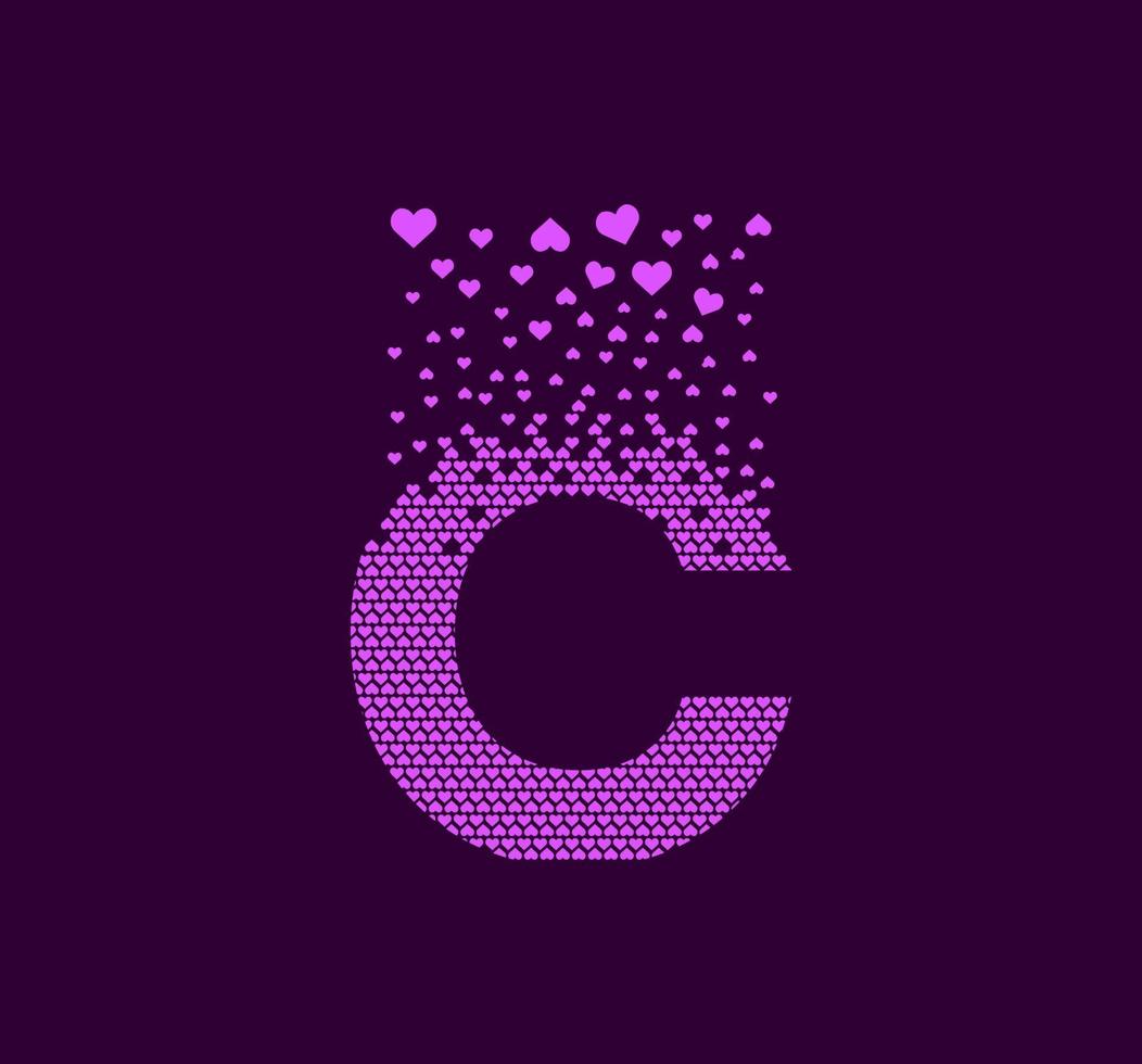 hart letter c geanimeerd pixel dot logo. hoofdletter pixel omhoog. harten zijn gevuld met de letter c. complementaire en integratieve pixelbeweging. modern hart verbind de punten. vector