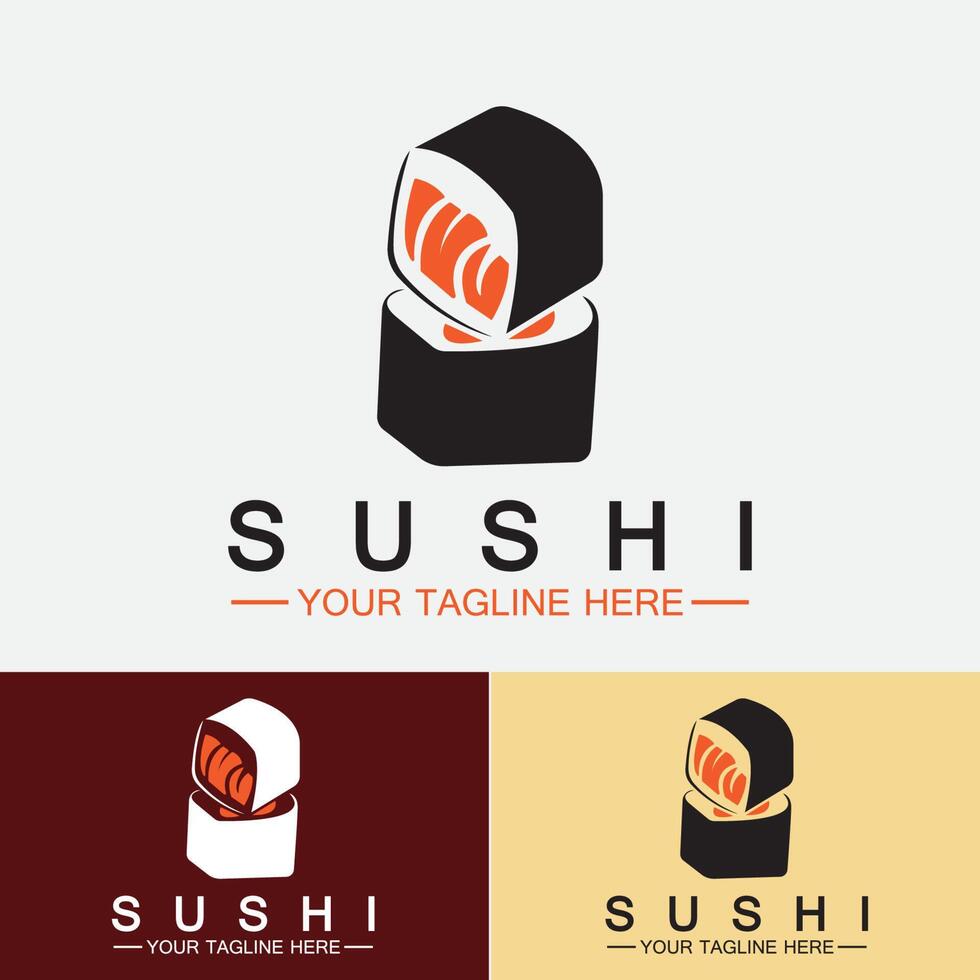 sushi logo template.vector pictogram stijl illustratie bar of winkel, sushi, zalm roll, sushi en broodjes met eetstokje bar of restaurant vector logo sjabloon