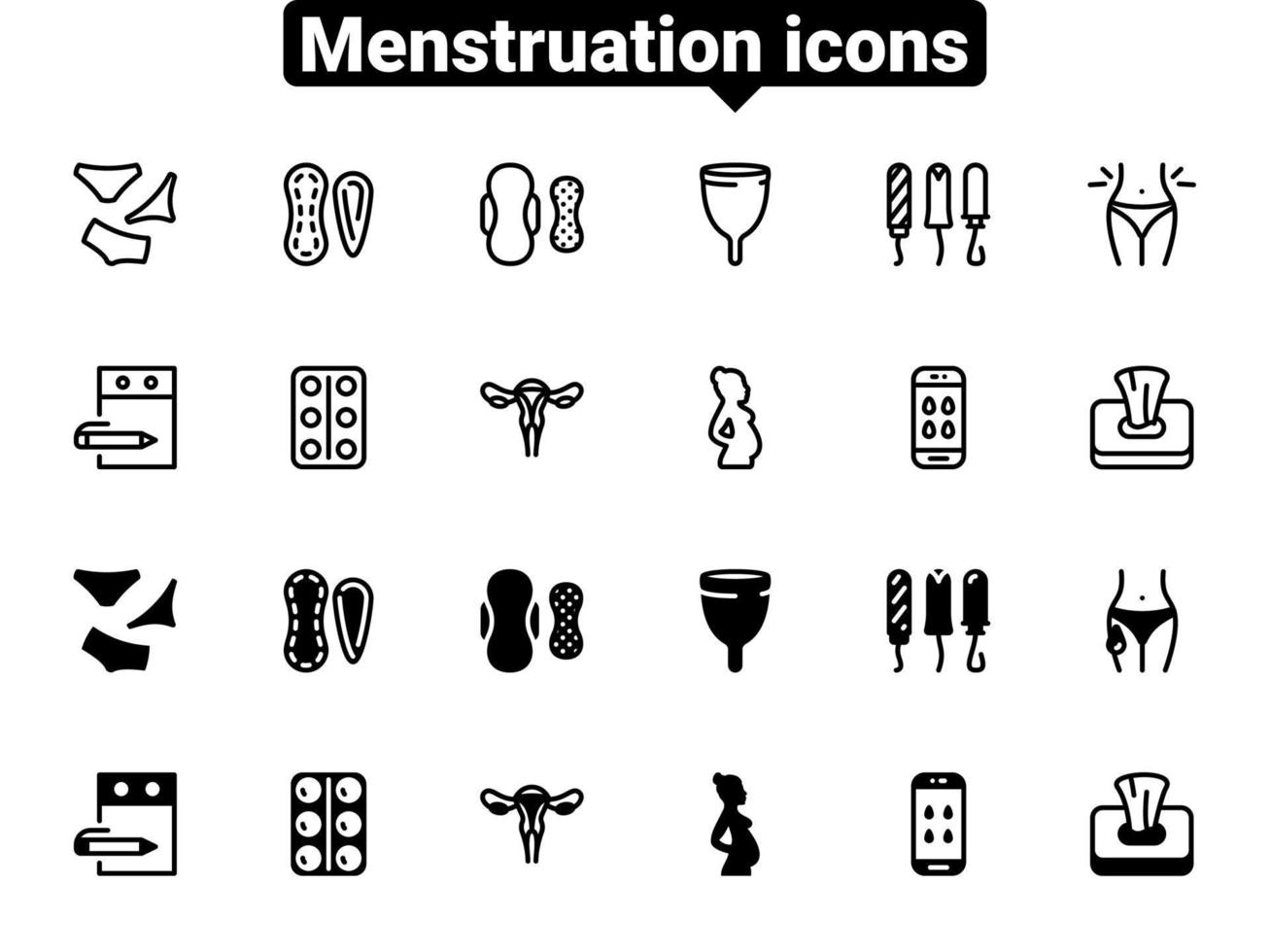 set van zwarte vector iconen, geïsoleerd tegen een witte achtergrond. vlakke afbeelding op een thema menstruatie