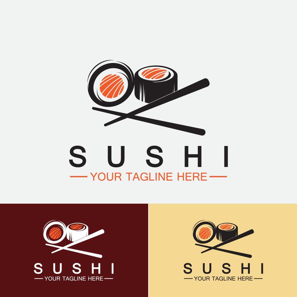 sushi logo template.vector pictogram stijl illustratie bar of winkel, sushi, zalm roll, sushi en broodjes met eetstokje bar of restaurant vector logo sjabloon