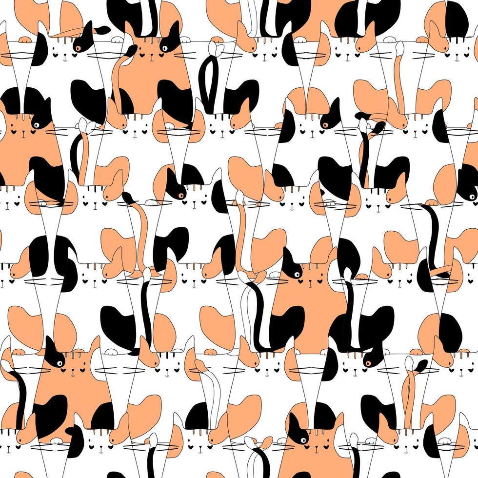 katten wit met rode en zwarte vlekken vlakke afbeelding hand tekening vector naadloze patroon eenvoudige geïsoleerde schets