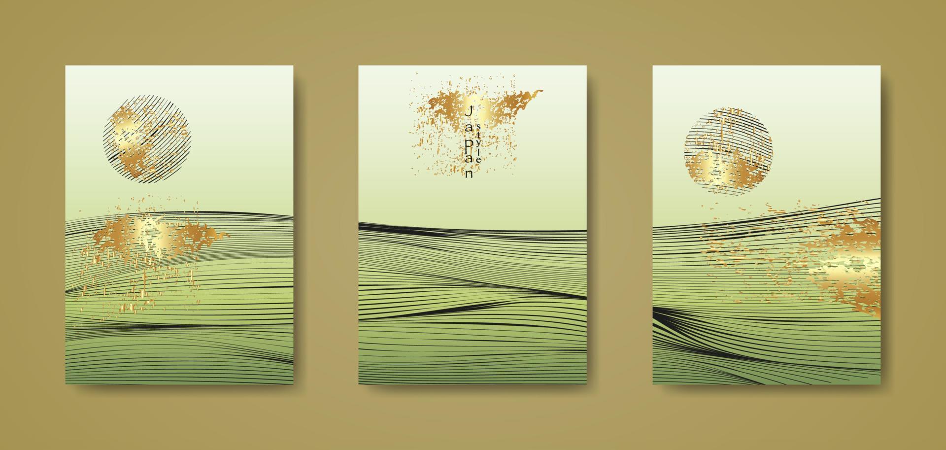 Japanse landschap achtergrond instellen kaarten zwarte lijn golfpatroon vectorillustratie. goud groen abstract sjabloon geometrische golvende textuur. berglay-outontwerp in oosterse stijl, verticale brochure vector