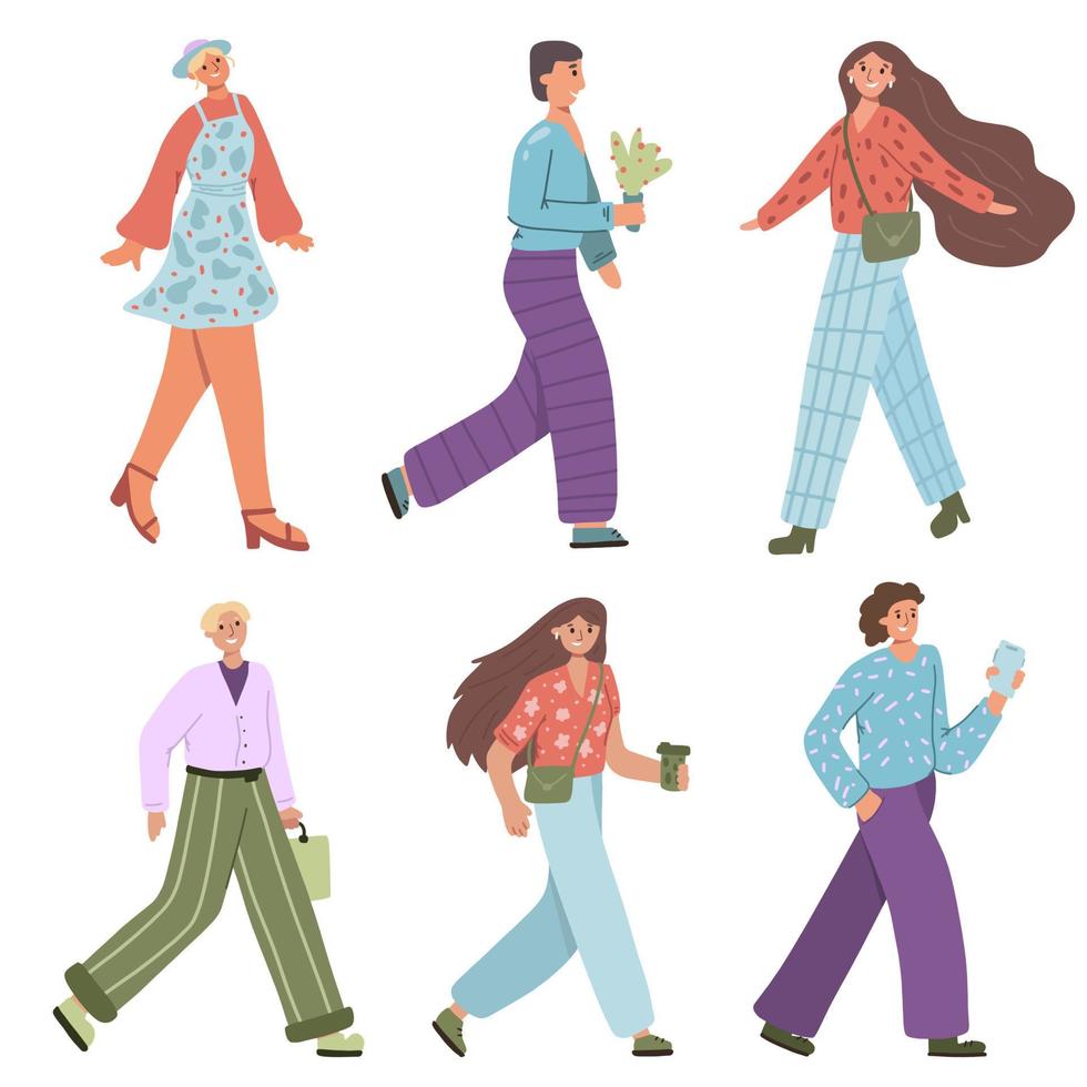 wandelende mensen. mensen lopen met smartphones. mensen met verschillende levensstijlen. jonge bewegende stijlvolle karakters. vectorillustratie. vector