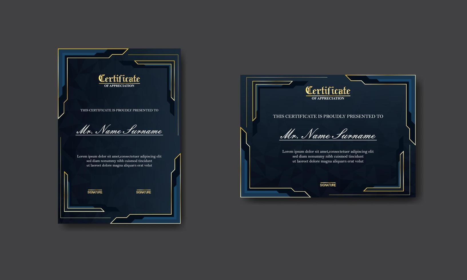 luxe certificaatsjabloonontwerp, modern met een elegante mix van grijze en lichtblauwe kleuren en een klassieke polygoontextuur erachter. vector