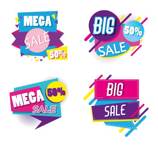 Set van mega verkoop emblemen memphis stijl vector