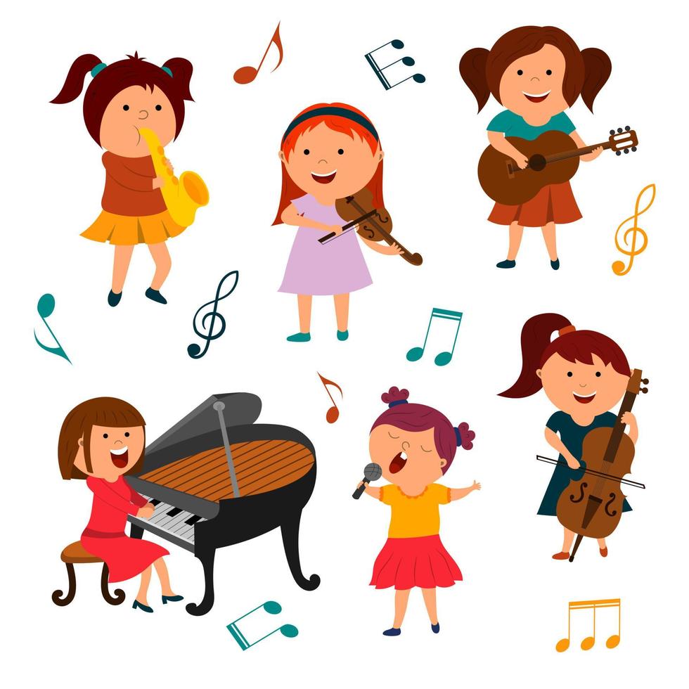 een set cartoonillustraties van kinderen, muzikanten, meisjes met muziekinstrumenten. vector