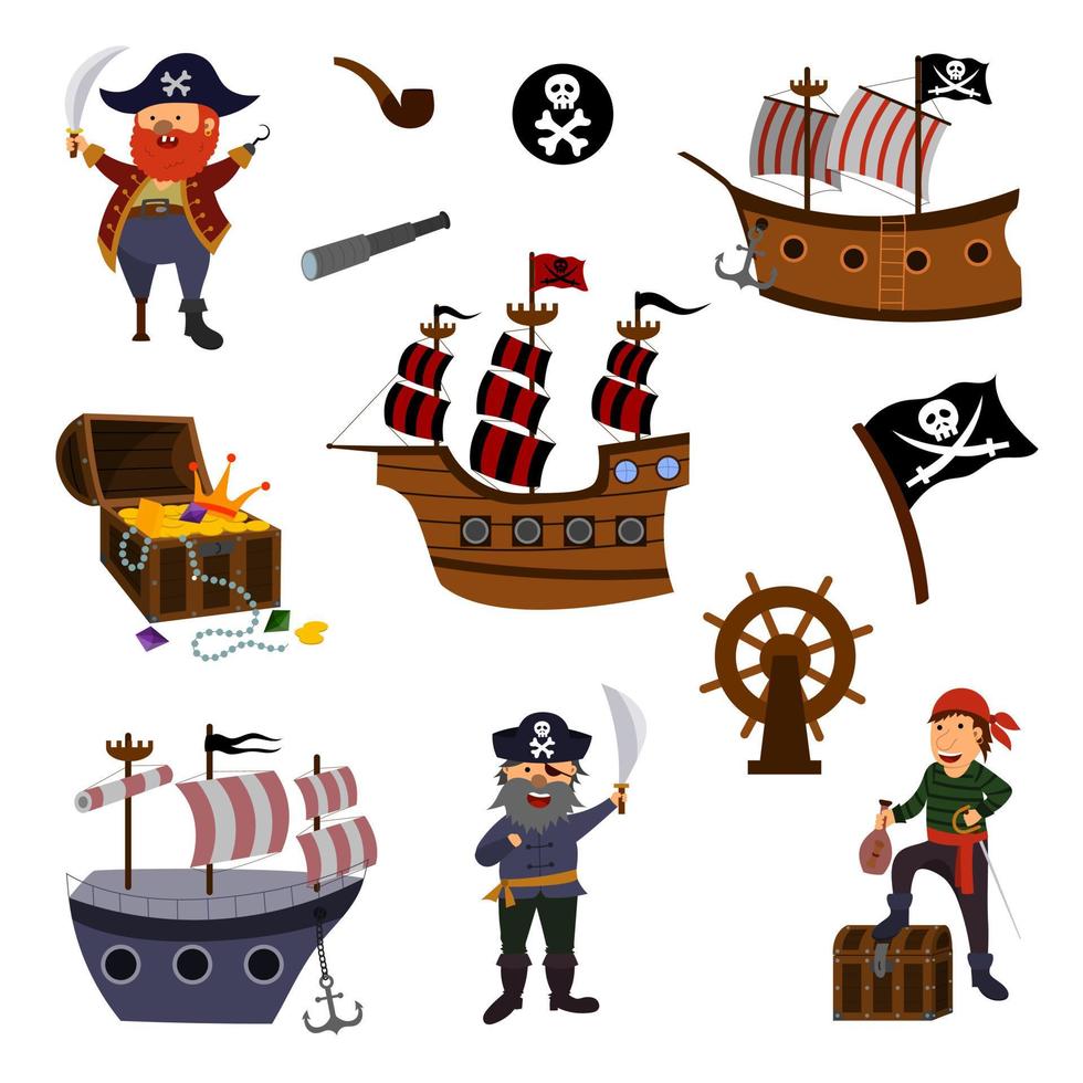 een set van charmante piraten, een zeilschip, een schatkist geïsoleerd op een witte achtergrond. kinderillustratie in een platte cartoonstijl vector