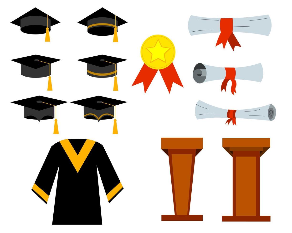 een reeks elementen voor afstuderen. afgestudeerde hoed, rol, mantel, voetstuk van de spreker, ronde badge met lint. vector