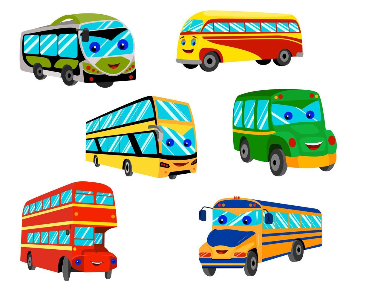 een set cartoonbussen met ogen en een glimlach in rood, geel en groen. stadsvervoer, dubbeldekkerbus, schoolbus. vector