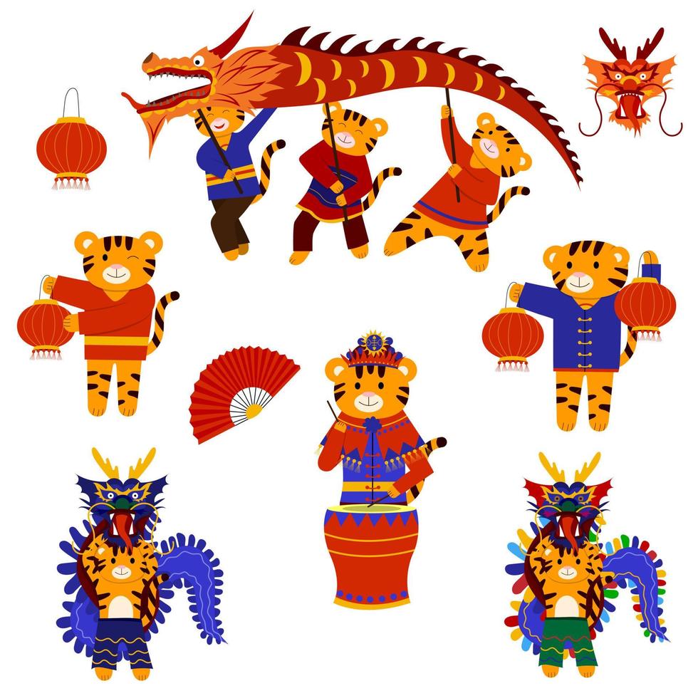 cartoon afbeelding voor kinderen, chinees nieuwjaar. een tijger speelt een trommel vector