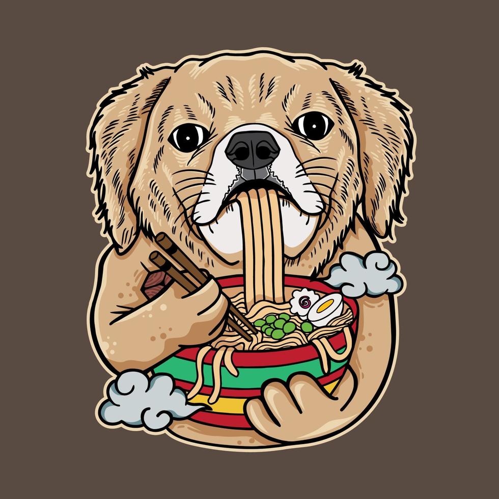 vector illustratie golden retriever hond cartoon eten ramen noodle met vintage retro Japans in geïsoleerde achtergrond. goed voor logo, mascot, badge, embleem, spandoek, poster, flyer, sociale media, shirt