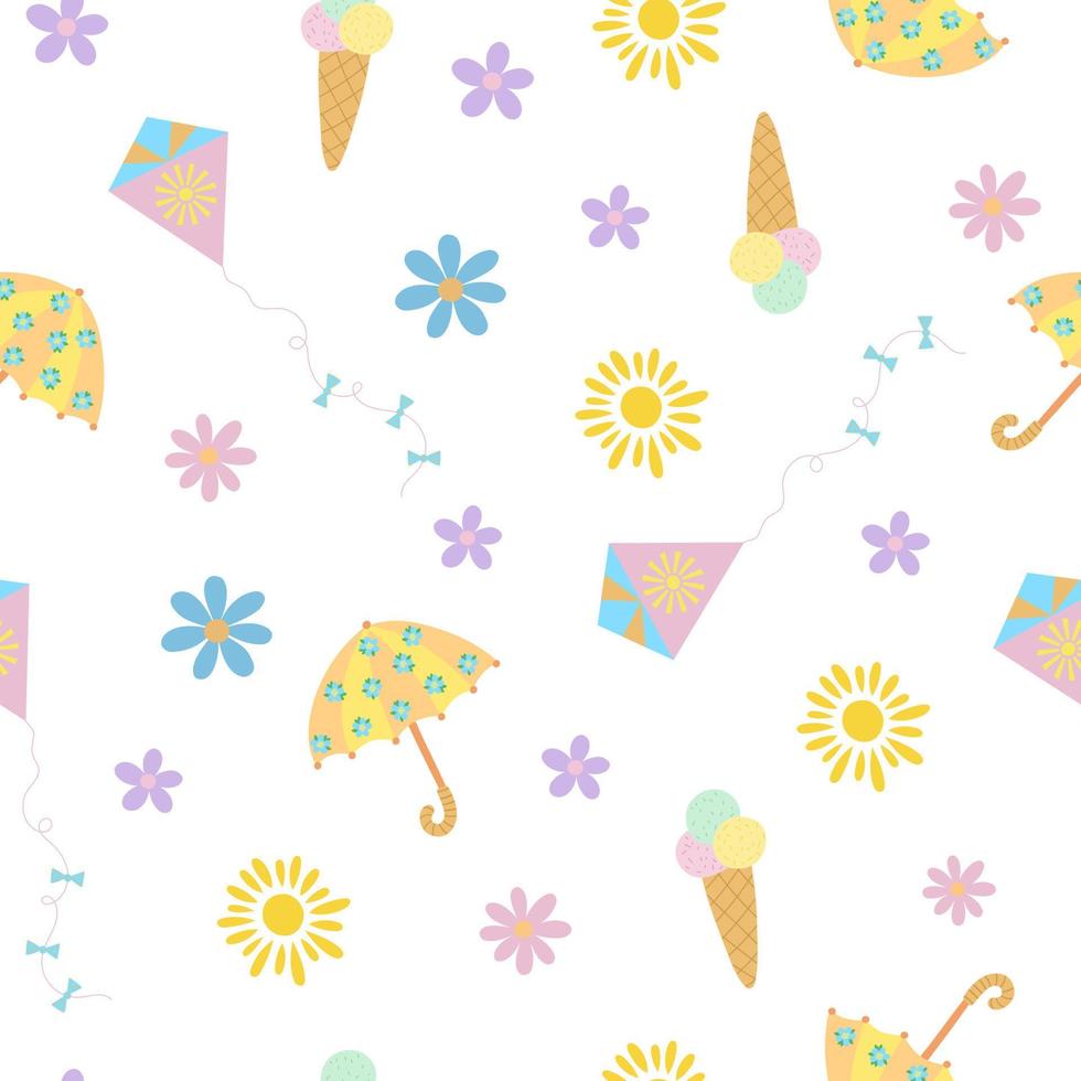 paasvakantie of zomer traditionele leuke bloemen, paraplu, zon, vlieger, ijs kleurrijk naadloos patroon, vlakke stijl vectorillustratie, lente feestelijke tijd decor, zomer ontwerp, cadeaupapier, banner vector