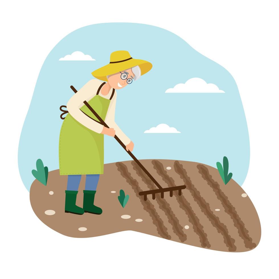 oma werkt in de tuin, vectorillustratie vector