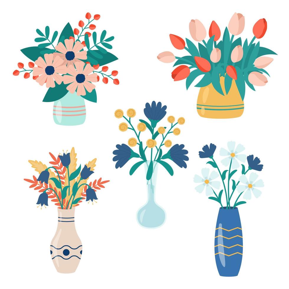 drie prachtige bloemen in kleurrijke vazen Vectorbeelden vector