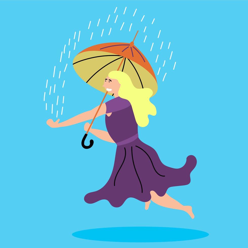 het meisje zweeft met een paraplu. het regent buiten. levitatie vector